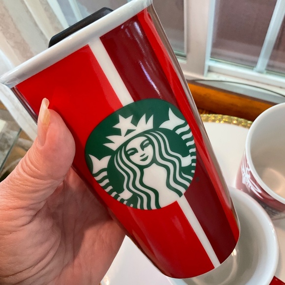 Starbucks Holiday Porcelain Coffee Mugs (2) & Porcelain Holiday Travel Mug (1) - Picture 5 of 11